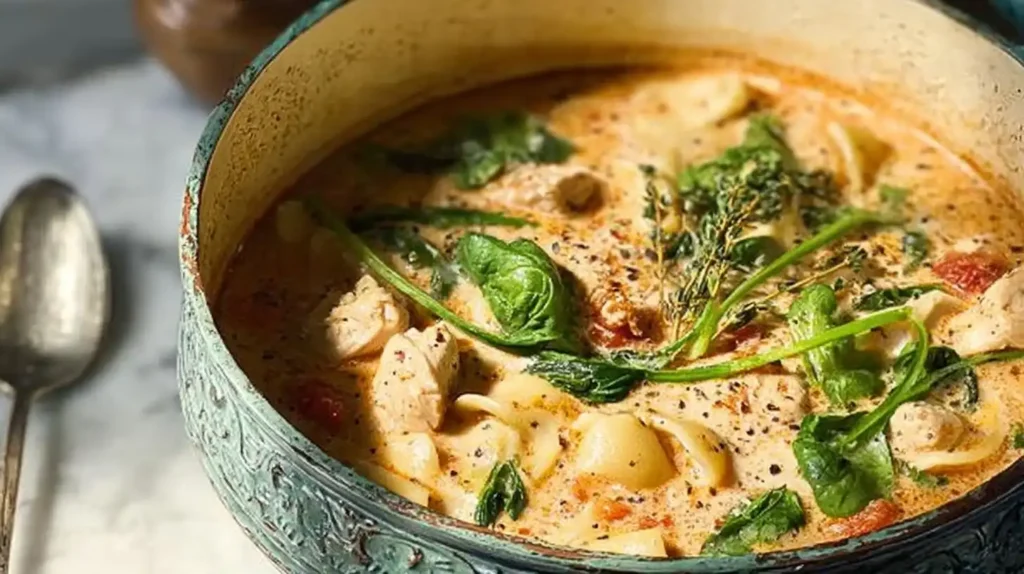 A steaming bowl of rich, creamy Marry Me Chicken Soup with sun-dried tomatoes, spinach, and pasta.