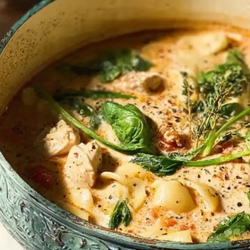 A steaming bowl of rich, creamy Marry Me Chicken Soup with sun-dried tomatoes, spinach, and pasta.