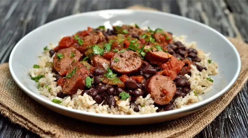Mexican_Black_Beans_and_1_result Bowl of black beans and rice with smoked sausage peppers and hot sauce