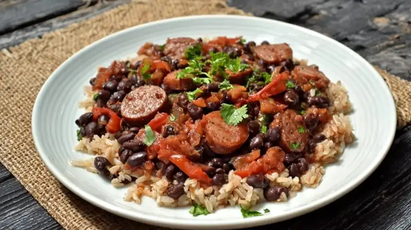 Mexican black beans and rice with sausage in a skillet topped with cilantro