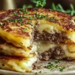 Potato Pancakes with Savory Beef and Cheese stacked with crisp edges melted cheddar and parsley garnish