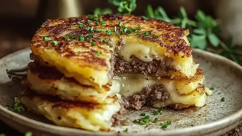 Potato Pancakes with Savory Beef and Cheese stacked with crisp edges melted cheddar and parsley garnish