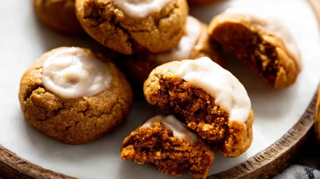 A close-up of a single pumpkin pie cookie with a bite taken out, showing the soft and chewy texture inside.