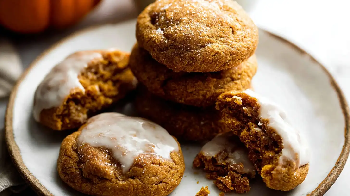 Pumpkin_Pie_Cookies_2_resultat A platter of soft pumpkin pie cookies topped with swirls of maple cream cheese icing and a sprinkle of cinnamon.