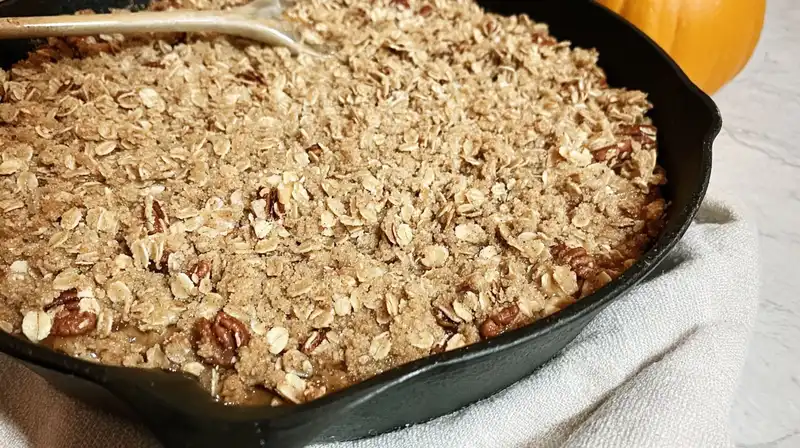 Pumpkin_pie_Crisp_with_0_result Pressing streusel crust into a skillet before adding pumpkin custard