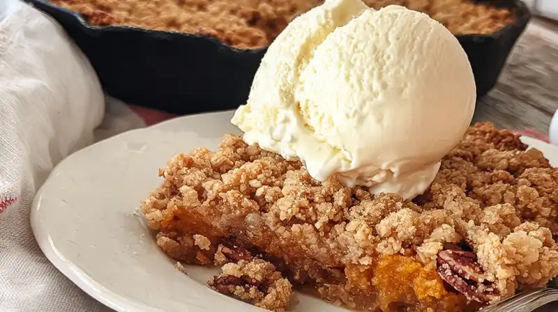 Slice of pumpkin pie crisp with oat pecan streusel and vanilla ice cream