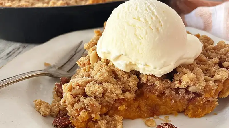 Pumpkin_pie_Crisp_with_2_result Pumpkin pie crisp with streusel topping in a cast iron skillet