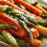 Crisp tender asparagus and caramelized carrot batons on a platter