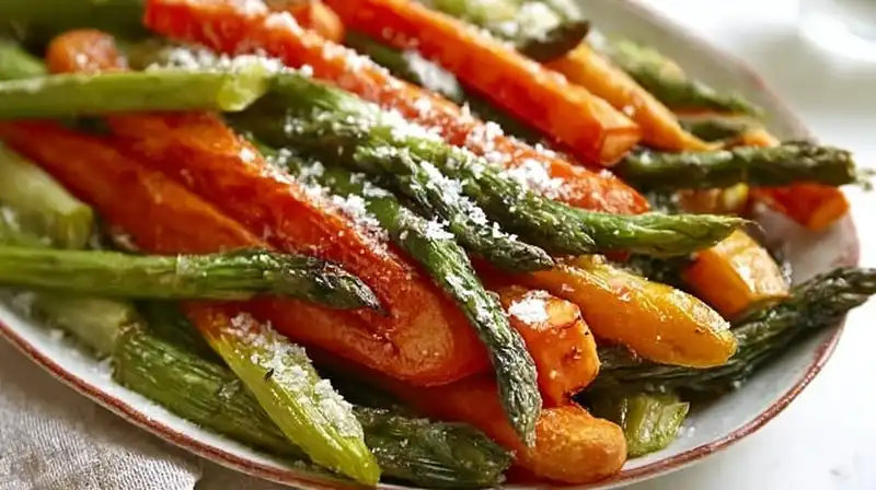 Crisp tender asparagus and caramelized carrot batons on a platter