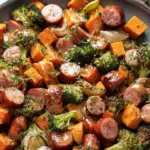 Sheet Pan Sausage and Sweet Potatoes with Honey Garlic Sauce