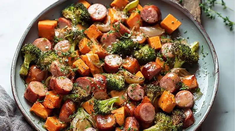 Sheet Pan Sausage and Sweet Potatoes with Honey Garlic Sauce