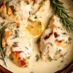 Tender lemon rosemary chicken breasts in creamy sauce over rice with fresh zest and herbs
