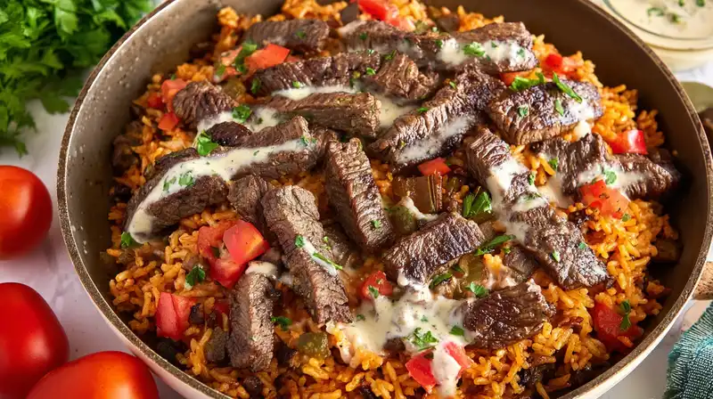 Steak_Queso_Rice_Recipe_0_result Toasting basmati with garlic and onion in a skillet before broth