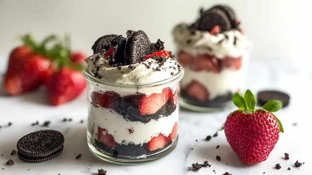 Delicious layered Strawberry Oreo Cheesecake Cups with Oreo crumbs and creamy cheesecake filling