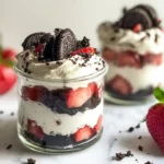 Delicious layered Strawberry Oreo Cheesecake Cups with Oreo crumbs and creamy cheesecake filling