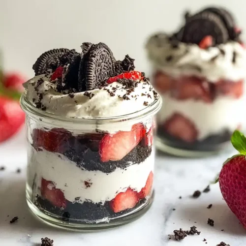 Delicious layered Strawberry Oreo Cheesecake Cups with Oreo crumbs and creamy cheesecake filling
