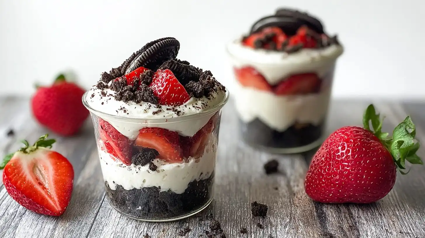 Strawberry_Oreo_Cheeseca_2_resultat Strawberry Oreo Cheesecake Cups served in clear glasses with fresh strawberries on top