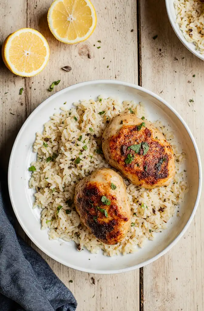 Crock-Pot lemon chicken and rice in a white bowl with juicy chicken thighs and fluffy jasmine rice