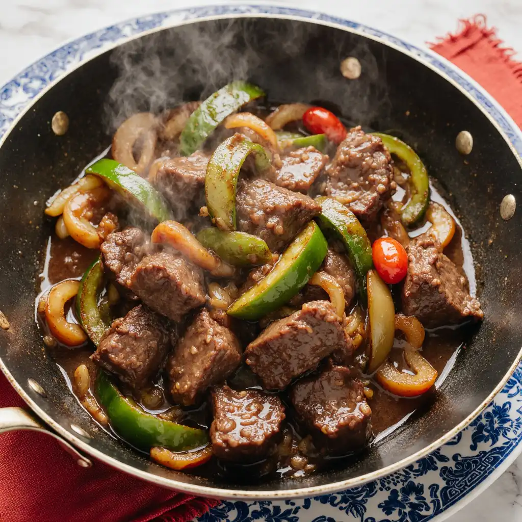 Chinese Pepper Steak2_resultat Homemade 30-minute pepper steak stir-fry with velvety flank steak and green and red peppers.
