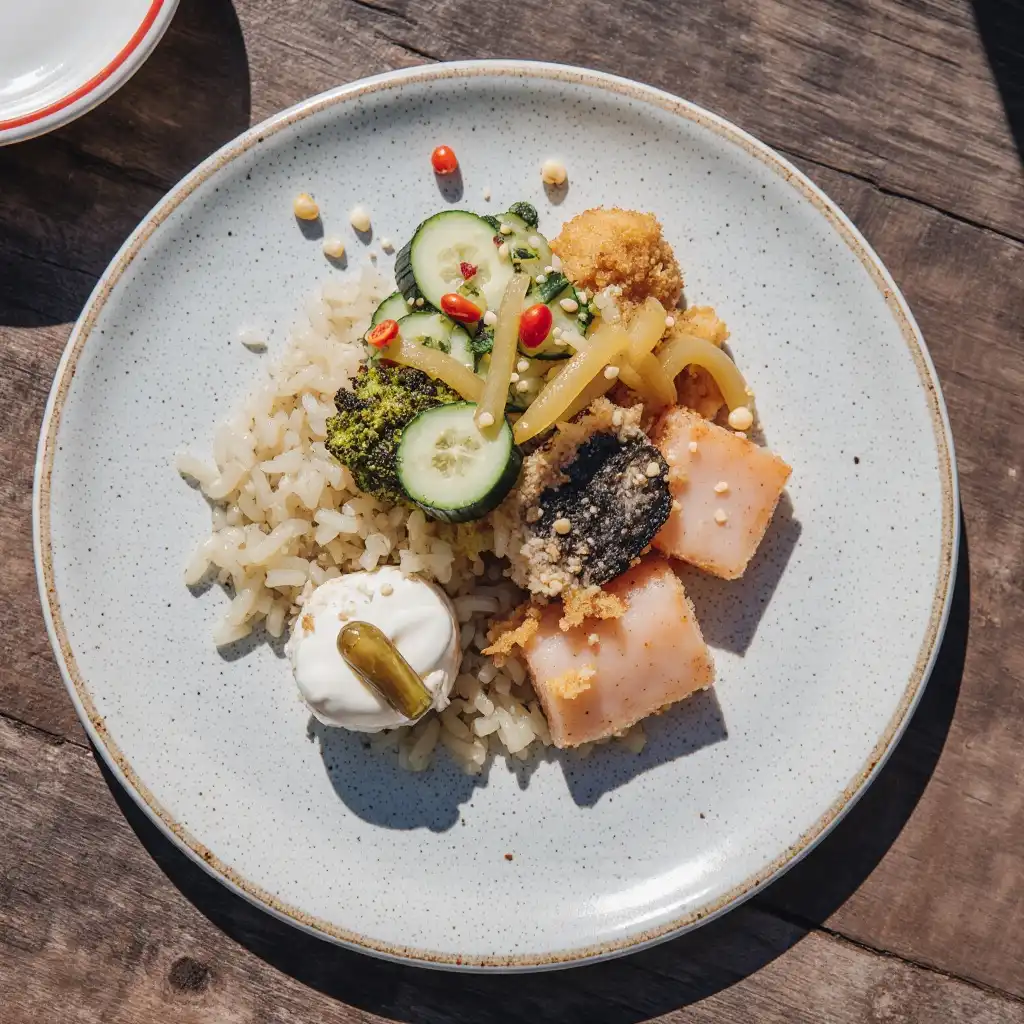 Mango Teriyaki Salmon2_resultat Glazed mango teriyaki salmon fillet on brown rice with roasted broccoli and quick pickle