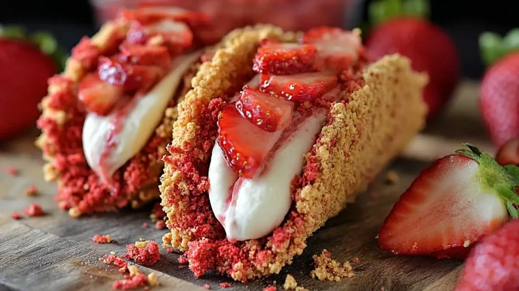 White chocolate coated taco shells rolled in strawberry crunch and filled with strawberries.