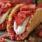 White chocolate coated taco shells rolled in strawberry crunch and filled with strawberries.