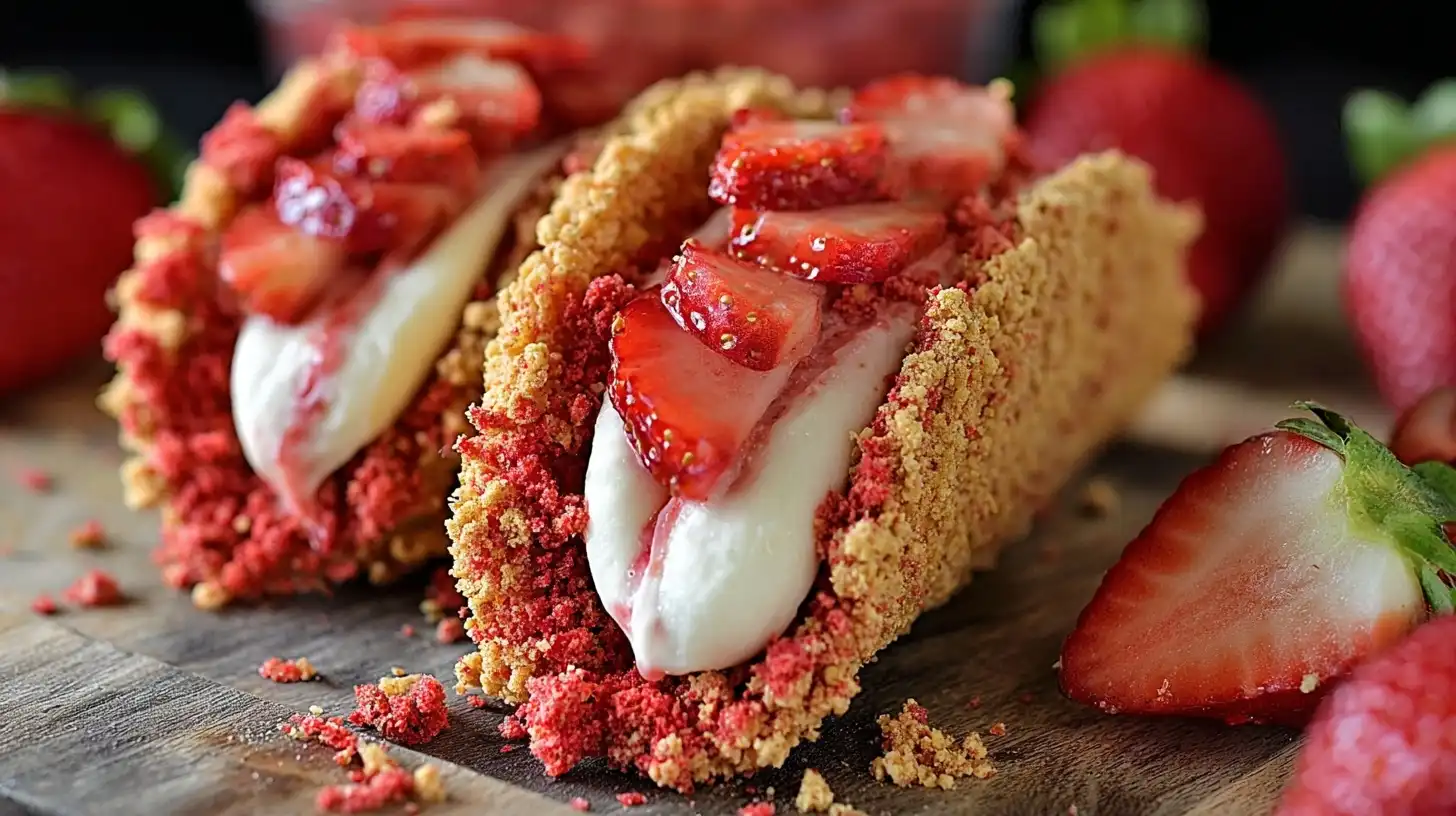White chocolate coated taco shells rolled in strawberry crunch and filled with strawberries.
