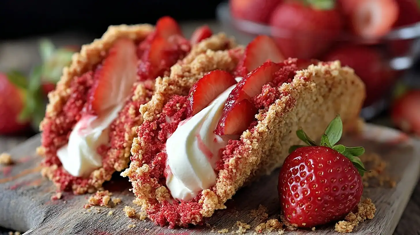 Strawberry_Crunch_Cheese_2_resultat Strawberry Crunch Cheesecake Tacos filled with creamy cheesecake and topped with syrup.