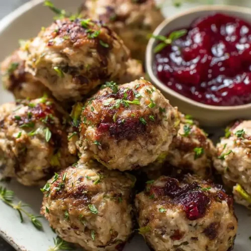 Holiday turkey meatballs with stuffing, garnished with fresh parsley.
