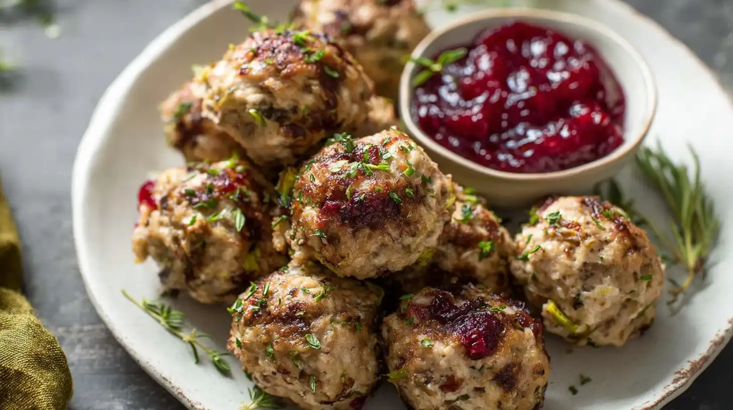 Holiday turkey meatballs with stuffing, garnished with fresh parsley.
