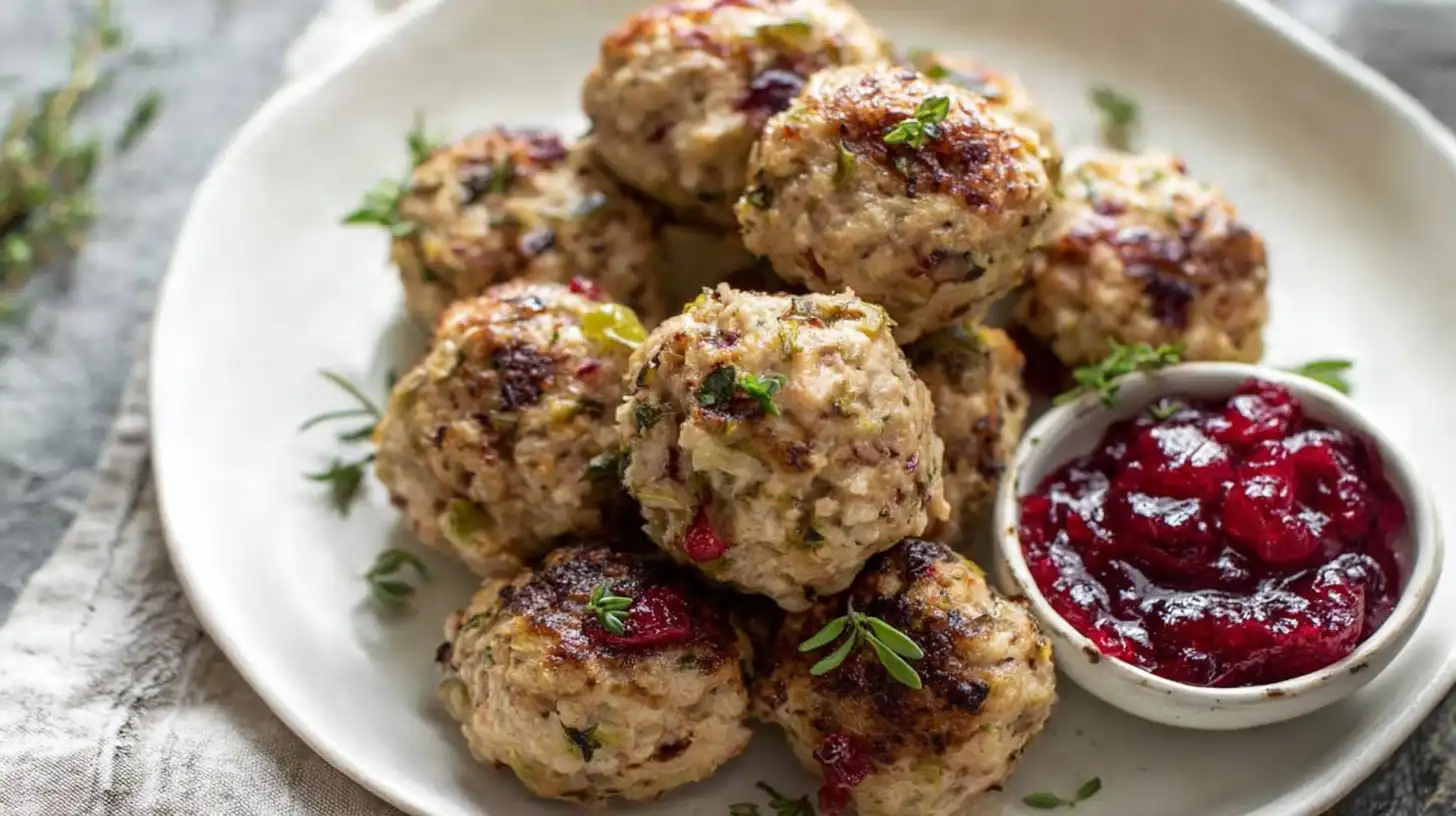 Turkey_and_Stuffing_Meat_2_resultat Juicy turkey and stuffing meatballs served on a white platter with cranberry sauce.
