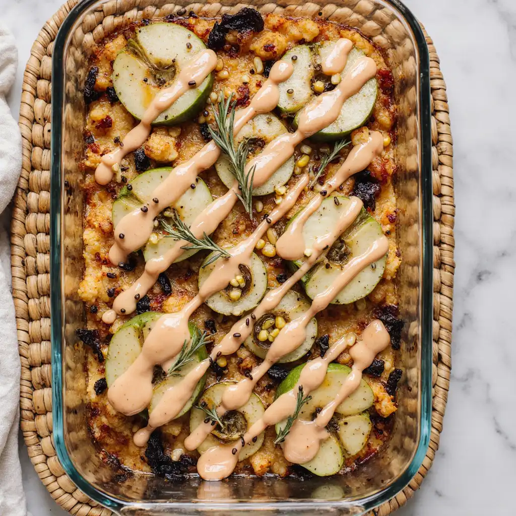 baked_rosemary_apple_cider_chicken_1_resultat A serving of juicy rosemary apple cider chicken on a white plate, garnished with fresh rosemary sprigs and a side of roasted apples.