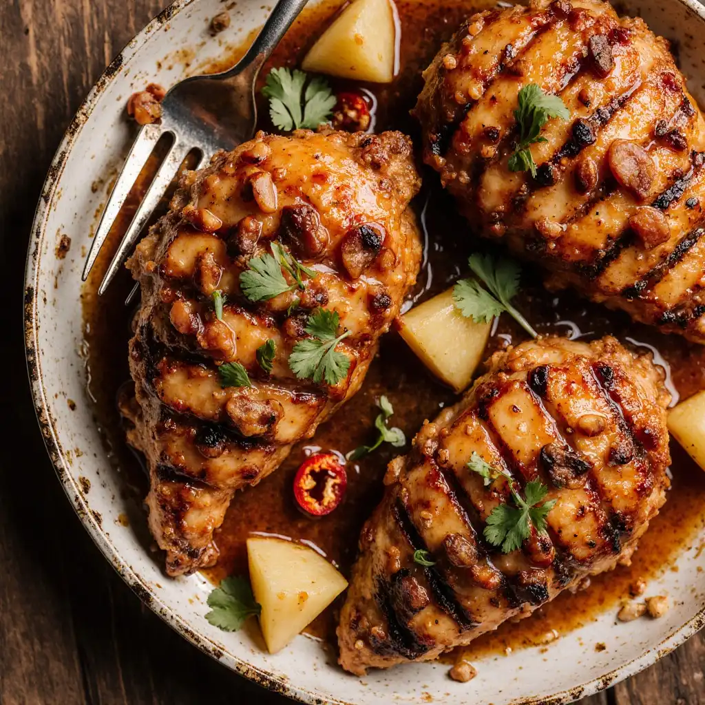 Close-up of sticky glazed brown sugar chicken with pineapple sauce drizzling over golden chicken breasts