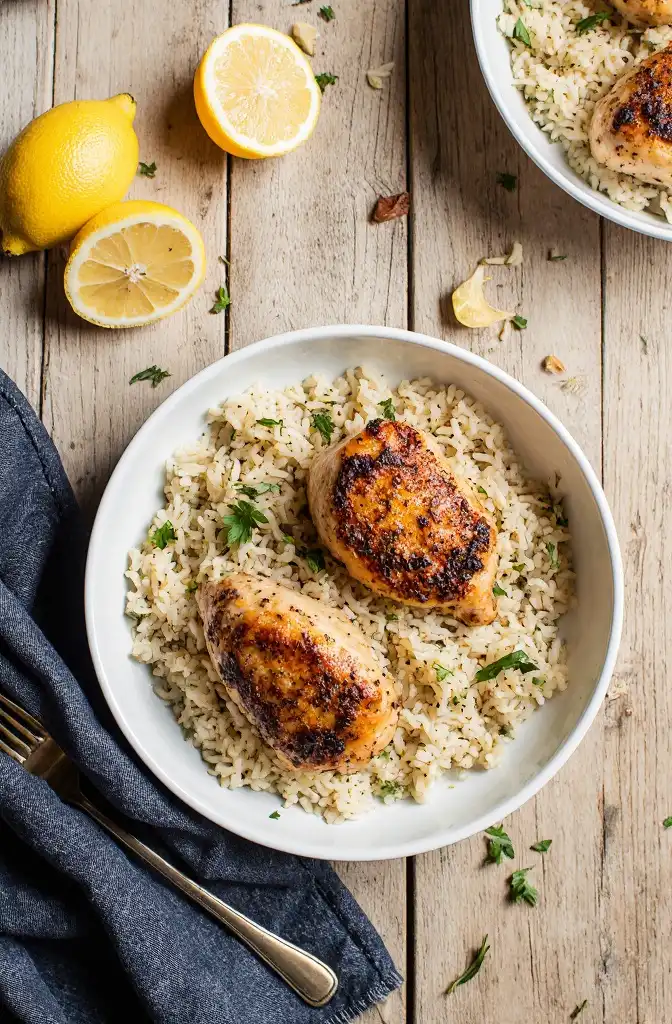 crock_pot_lemon_chicken_0_resultat Slow cooker lemon chicken and jasmine rice with zesty seasoning in a cozy white bowl overhead