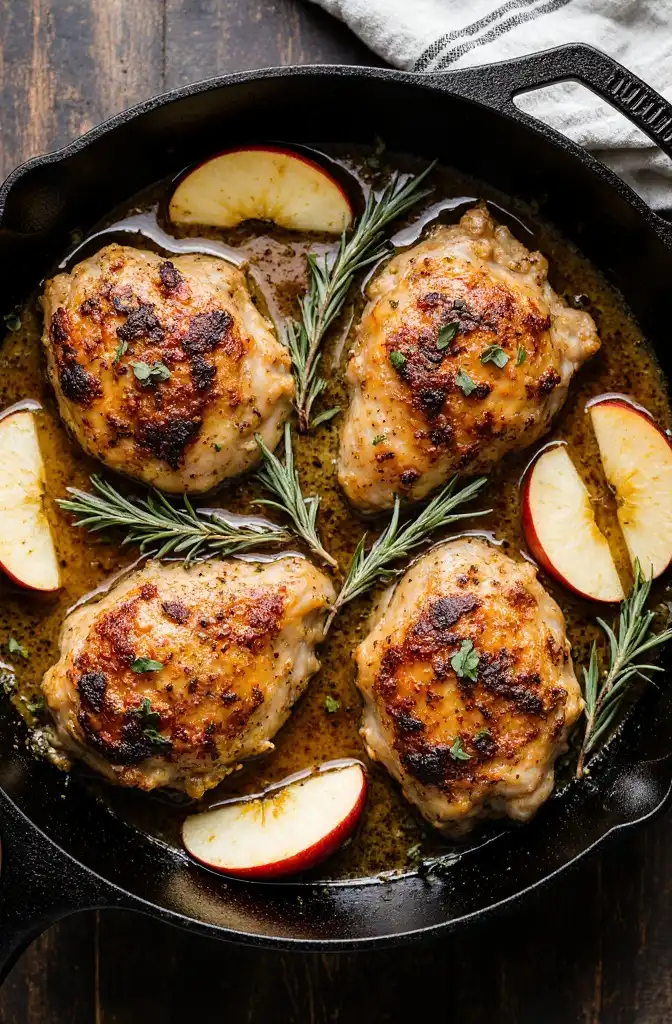 golden_seared_boneless_chicken0_resultat Skillet apple cider chicken with tender apples and glossy sauce in a wide pan