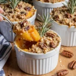 Creamy sweet potato casserole in a white dish with a golden brown pecan and maple topping.