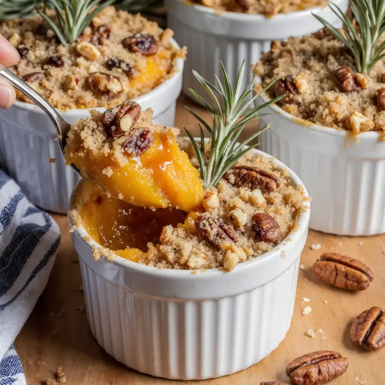 Creamy sweet potato casserole in a white dish with a golden brown pecan and maple topping.