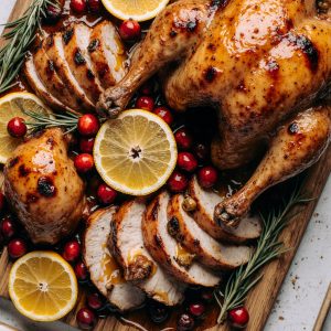 Ultimate cranberry orange glazed turkey resting on a platter with fresh rosemary and orange wedges.