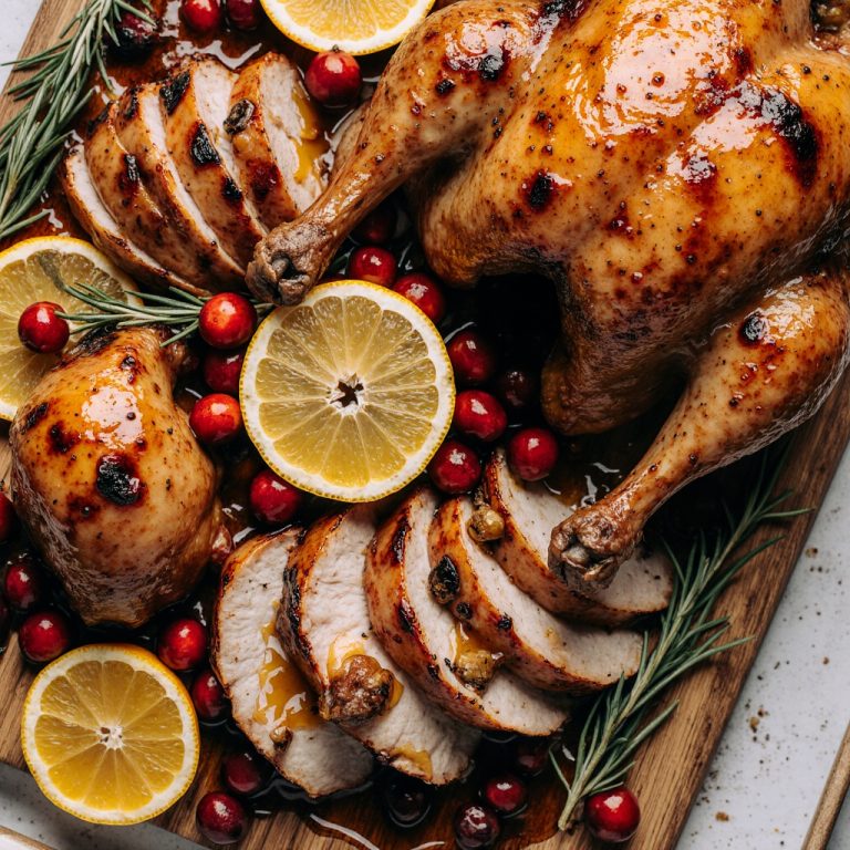 Ultimate cranberry orange glazed turkey resting on a platter with fresh rosemary and orange wedges.