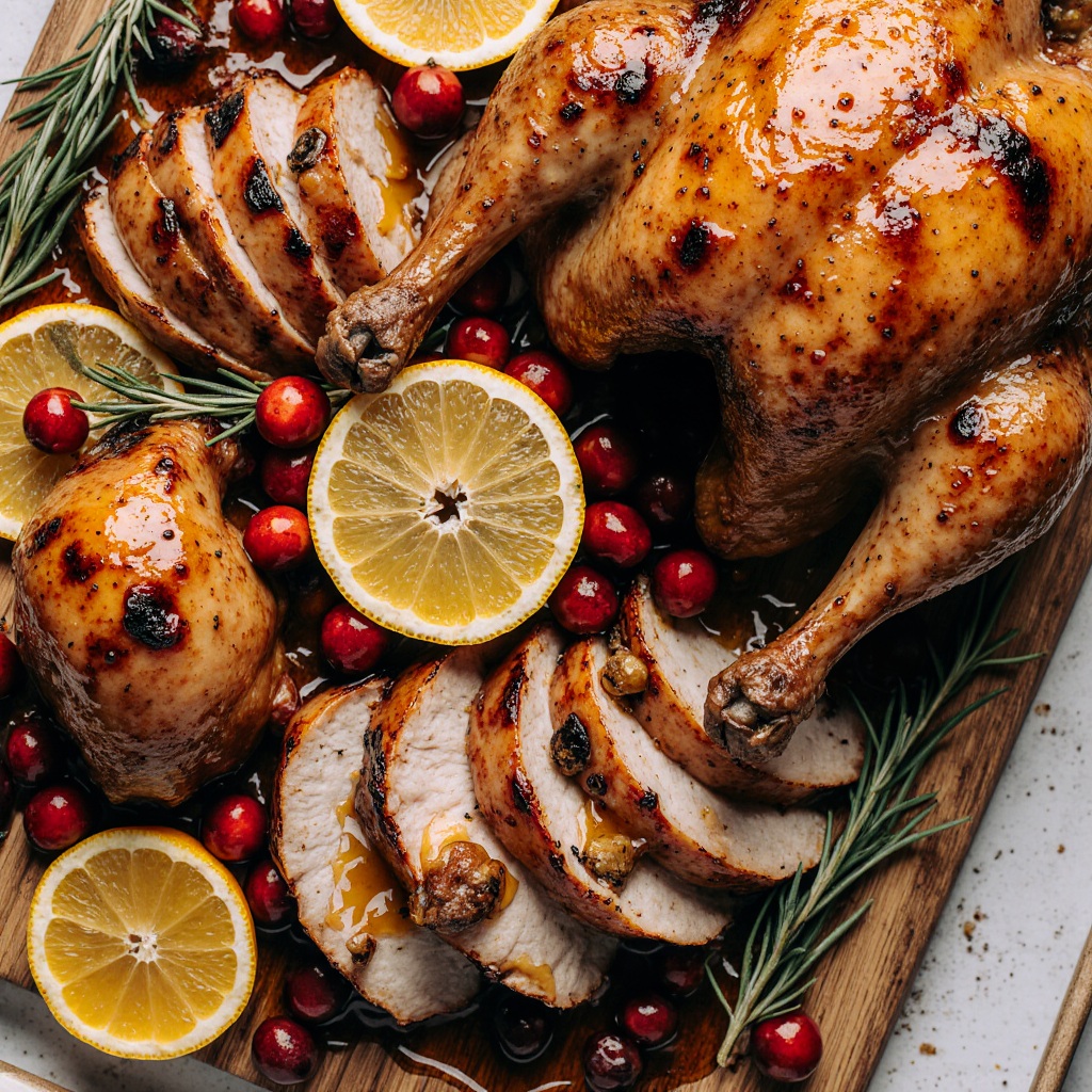 Ultimate cranberry orange glazed turkey resting on a platter with fresh rosemary and orange wedges.