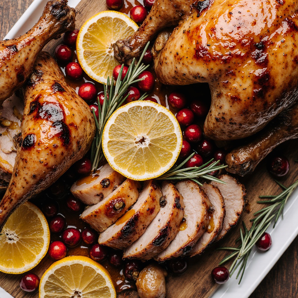 orange_glazed_turkey_2 Close-up slice of juicy cranberry orange glazed turkey with glossy caramelized skin.