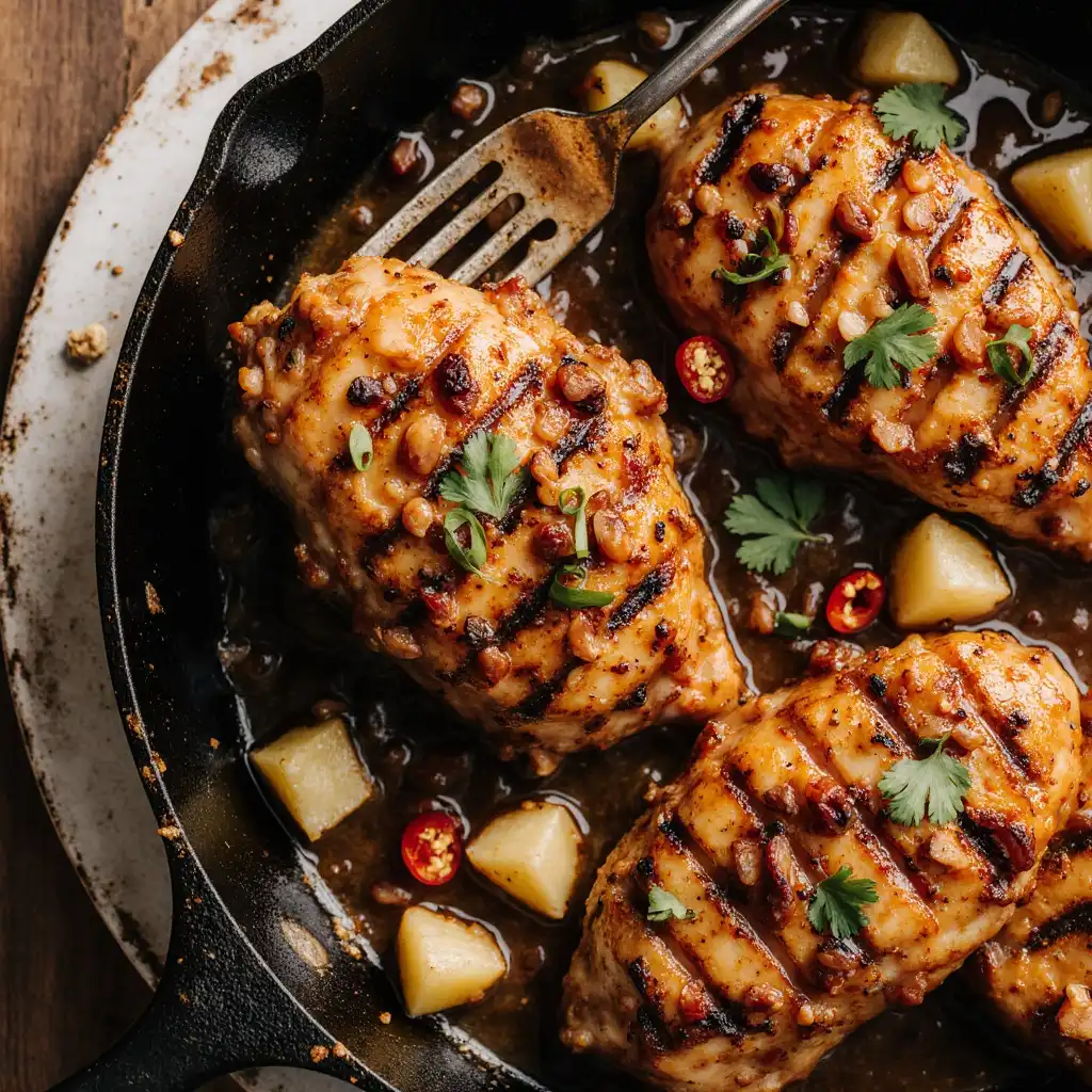 pineapple_brown_sugar_chicken_served_1_resultat Spicy pineapple brown sugar chicken glazed and sizzling in cast iron skillet with fresh pineapple chunks and red chili garnish