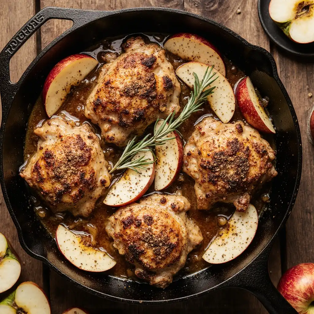 rosemary_apple_cider_chicken_1_resultat Adding fresh rosemary sprigs and apple cider to chicken in a pan during cooking.