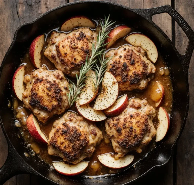 Searing chicken thighs in a cast iron skillet for the rosemary apple cider chicken recipe.