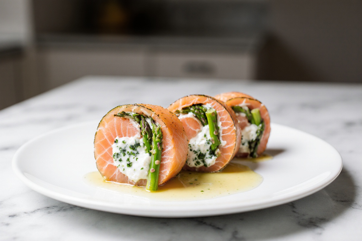 Asparagus and Lemon Basil Ricotta Stuffed Salmon Rolls with Lemon Sauce