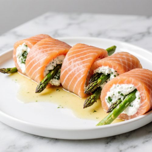 Asparagus and Lemon Basil Ricotta Stuffed Salamon Rolls with Lemon Sauce