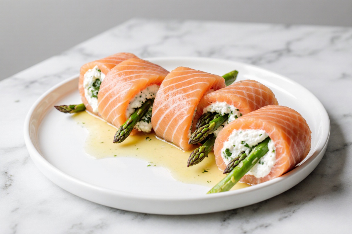 Asparagus and Lemon Basil Ricotta Stuffed Salamon Rolls with Lemon Sauce