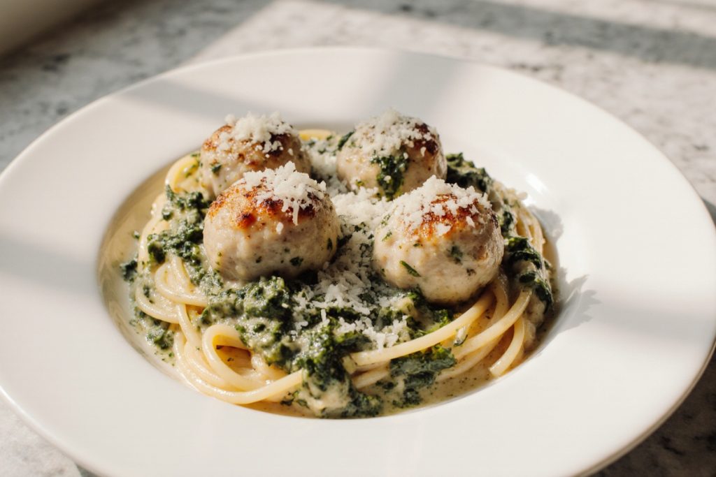 Baked Chicken Ricotta Meatballs with Spinach Alfredo Sauce