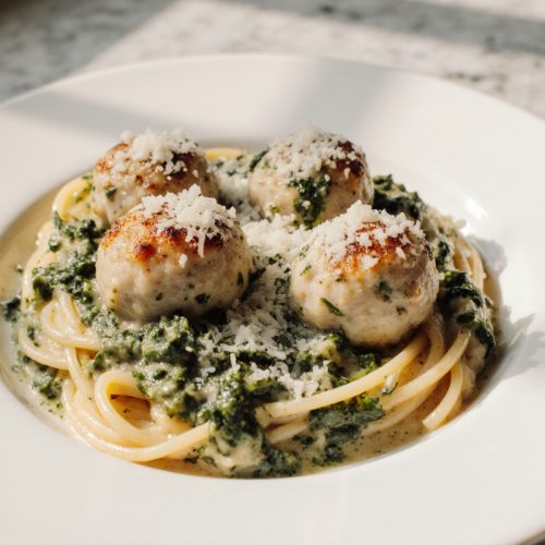 Baked Chicken Ricotta Meatballs with Spinach Alfredo Sauce