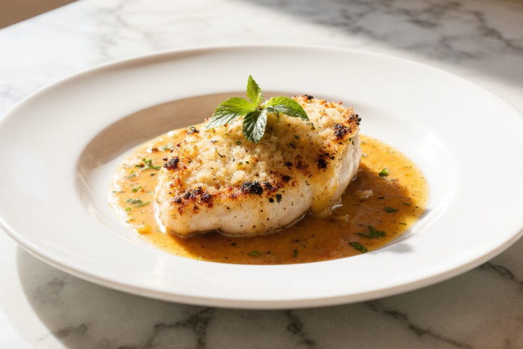 Crispy Parmesan Crusted Chicken with Rich Garlic Sauce